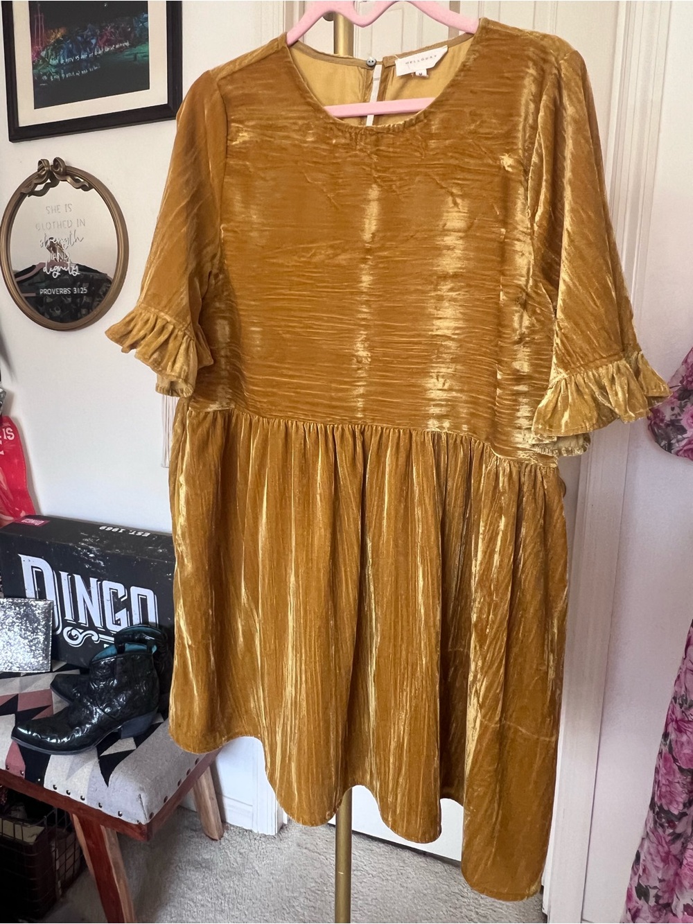 MELLODAY Velvet Short Ruffle-Sleeve Mini Dress in Jewel Tone Mustard Gold MED